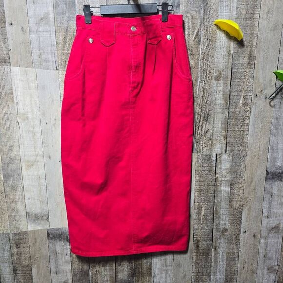Ozark Mountain Vintage 80s Red Denim Western Maxi Skirt - Picture 1 of 4
